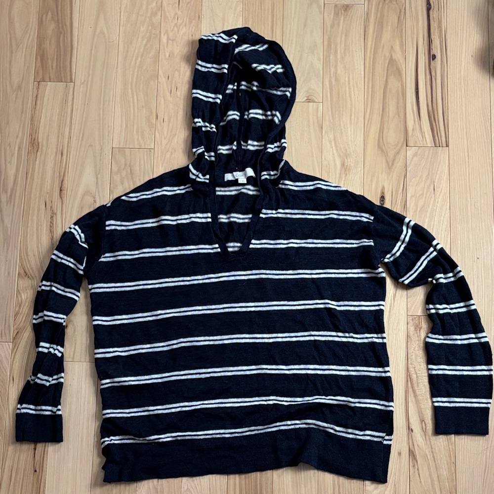 LOFT Navy Striped Hooded Linen Sweater